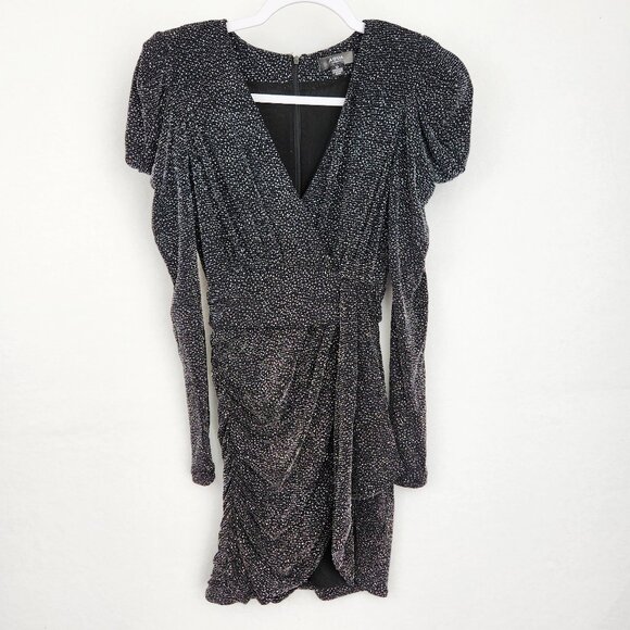 AQUA Metallic Faux Wrap Mini Cocktail and Party Dress Size 0 Black / Silver - Picture 3 of 8